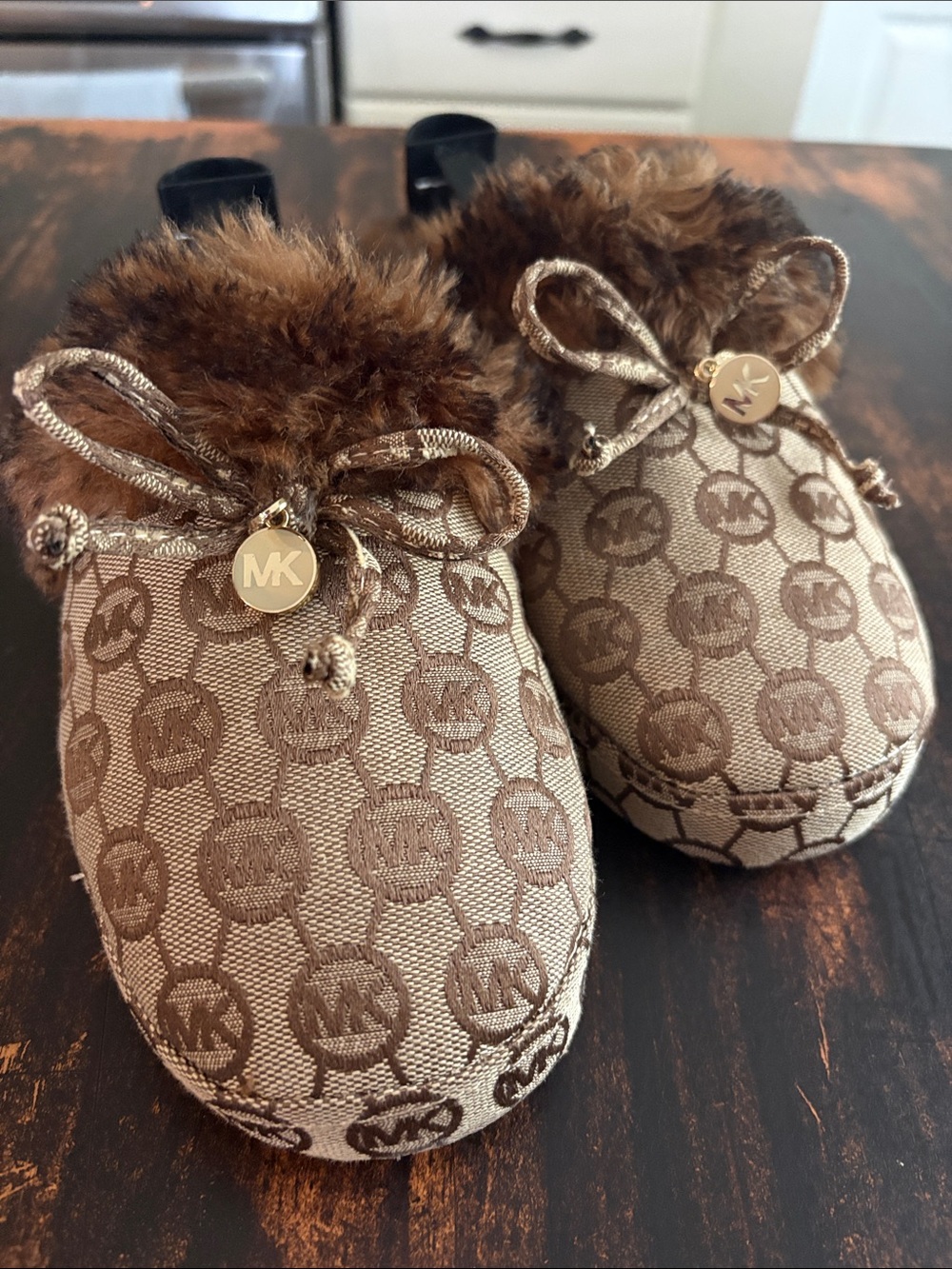 Michael Kors Brown Logo Faux-Fur Mittens with Gold MK Charm